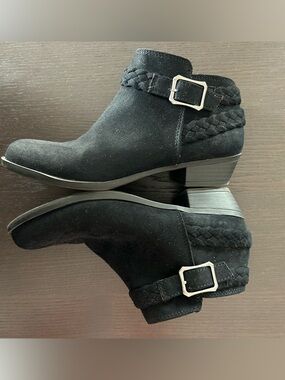 Women's Black Suede Ankle Boots with Braided Strap